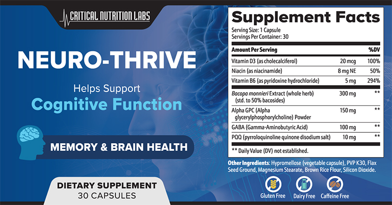 List of ingredients of Neuro-Thrive: Serving Size: 1 Capsule.
        Amount Per Serving:
        Vitamin D3 (as cholecalciferol) 20 mcg 100% DV.
        Niacin (as niacinamide) 8 mg NE 50% DV.
        Vitamin B6 (as pyridoxine hydrochloride) 5 mg 294% DV.
        Bacopa monnieri Extract (whole herb) (std. to 50% bacosides) 300 mg Daily Value (DV) not established.
        Alpha GPC (Alpha glycerylphosphorylcholine) Powder 150 mg Daily Value (DV) not established.
        GABA (Gamma-Aminobutyric Acid) 100 mg Daily Value (DV) not established.
        PQQ (pyrroloquinoline quinone disodium salt) 10 mg Daily Value (DV) not established.

        Other Ingredients: Hypromellose (vegetable capsule), PVP K30, Flax Seed Ground, Magnesium Stearate, Brown Rice Flour, Silicon Dioxide.
        Servings Per Container: 30.
        Gluten Free, Dairy Free, Caffeine Free.

        SUGGESTED USE: As a dietary supplement, adults take one (1) capsule daily. For best results, take with 6-8 oz of water or as directed by a
healthcare professional.
        CAUTION: Do not exceed recommended dose. Pregnant or nursing mothers, children under the age of 18, and individuals with a known medical
condition should consult a physician before using this or any dietary supplement.
        KEEP OUT OF THE REACH OF CHILDREN. DO NOT USE IF SAFETY SEAL IS DAMAGED OR MISSING. STORE IN A COOL, DRY PLACE.

        THESE STATEMENTS HAVE NOT BEEN EVALUATED BY THE FOOD & DRUG ADMINISTRATION. THIS PRODUCT IS NOT INTENDED TO DIAGNOSE, TREAT, CURE OR PREVENT ANY DISEASE.